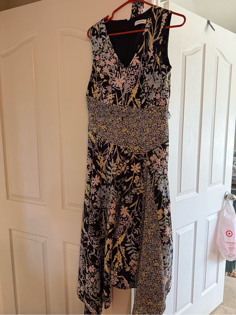 Calvin Klein Black Asymmetrical Floral Midi Dress with Pastel Accents